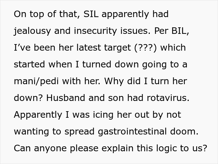 Text discussing SIL's jealousy and insecurity issues related to conflict over attending a mani/pedi amid illness concerns.