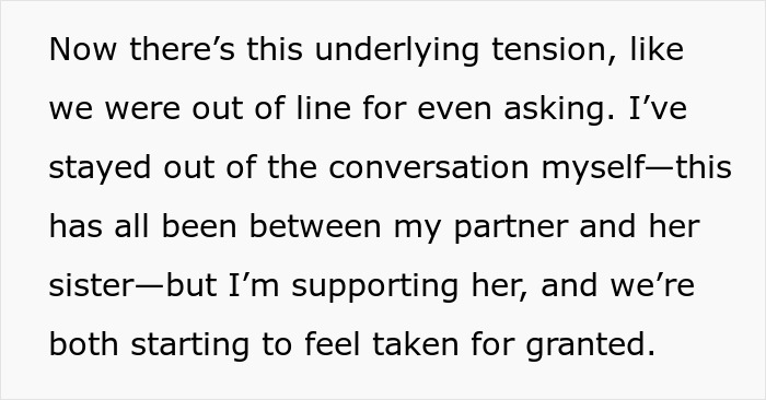 Text excerpt discussing underlying tension between a couple and sister over unpaid flights for babysitting nephew. Text excerpt discussing underlying tension between a couple and sister over unpaid flights for babysitting nephew.