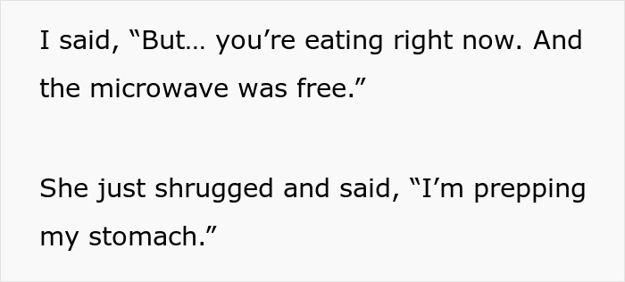Text showing a conversation about a coworker reserving the microwave due to dietary needs while eating. Text showing a conversation about a coworker reserving the microwave due to dietary needs while eating.