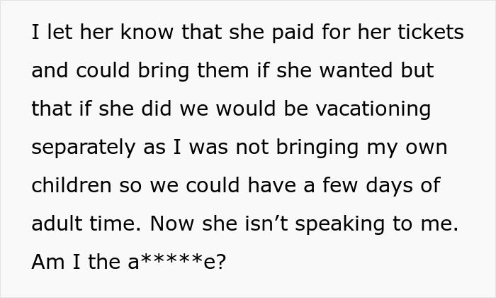 Text excerpt about vacation without kids and babysitting, discussing plans for adult time during vacation.