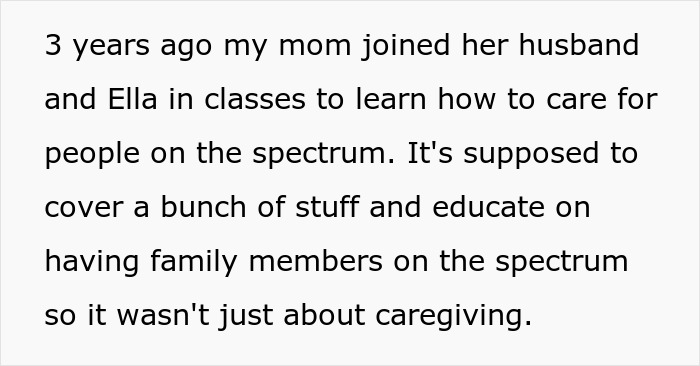 Text about family members taking classes to care for someone on the autism spectrum and educating about family support.