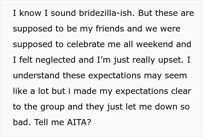 Text expressing a bride’s frustration as her friends rebel against her strict bachelorette party rules, causing loneliness. Text expressing a bride’s frustration as her friends rebel against her strict bachelorette party rules, causing loneliness.