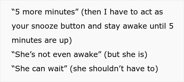Text showing a husband enjoying lazy mornings while wife sacrifices sleep, highlighting a one-sided Sunday deal effort. Text showing a husband enjoying lazy mornings while wife sacrifices sleep, highlighting a one-sided Sunday deal effort.