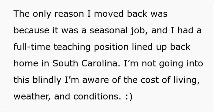 Text about a woman moving Alaska alone, mentioning seasonal jobs, teaching position, and awareness of living costs and weather. Text about a woman moving Alaska alone, mentioning seasonal jobs, teaching position, and awareness of living costs and weather.