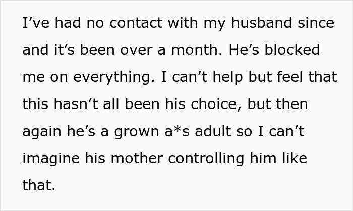 Text excerpt about a husband blocking contact amid MIL accusing pregnant DIL of manipulating baby’s gender, leading to divorce. Text excerpt about a husband blocking contact amid MIL accusing pregnant DIL of manipulating baby’s gender, leading to divorce.