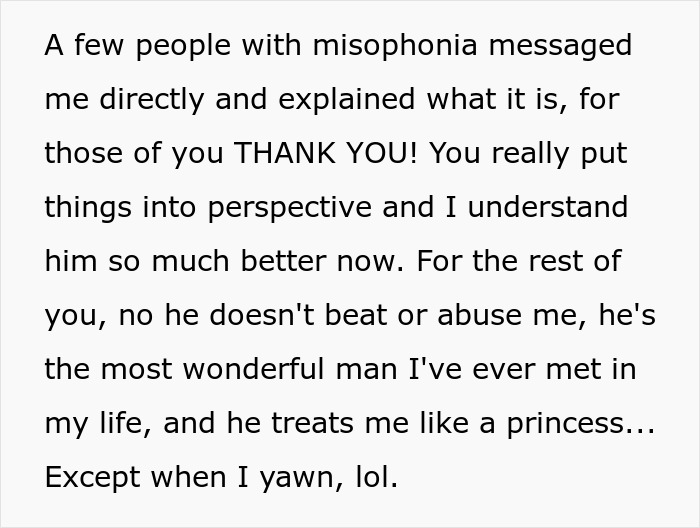Text about misophonia and a man disliking yawning, causing tension with his sleeping fiancée who storms out. Text about misophonia and a man disliking yawning, causing tension with his sleeping fiancée who storms out.