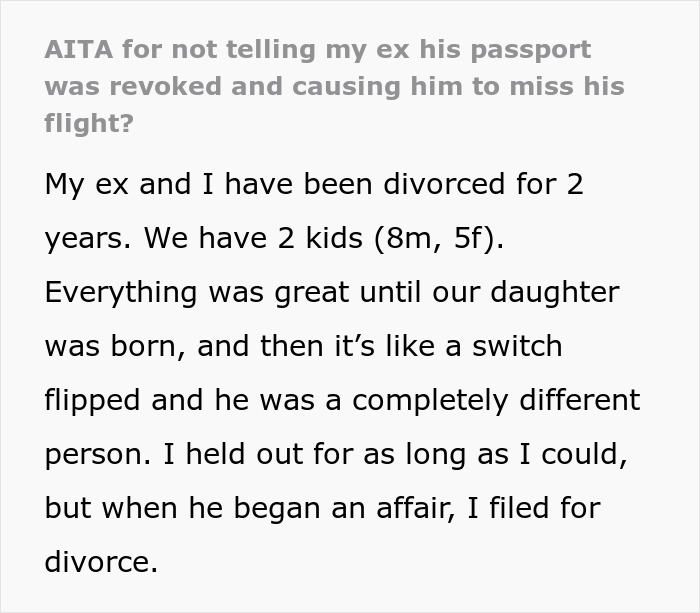 Woman strands deadbeat ex at airport by not warning him his passport was revoked after divorce and custody issues. Woman strands deadbeat ex at airport by not warning him his passport was revoked after divorce and custody issues.