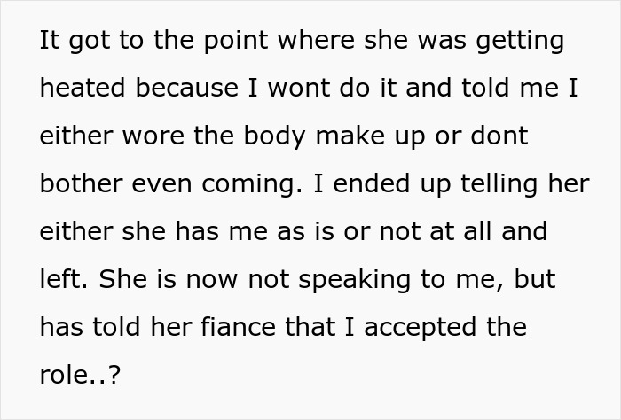 Text showing conflict over wearing body makeup for a MOH with psoriasis at bestie’s wedding, leading to a ban. Text showing conflict over wearing body makeup for a MOH with psoriasis at bestie’s wedding, leading to a ban.