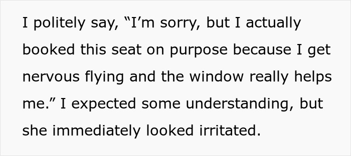 Woman explains she booked her window seat on a long flight to manage nervousness as mom insists she give it up.