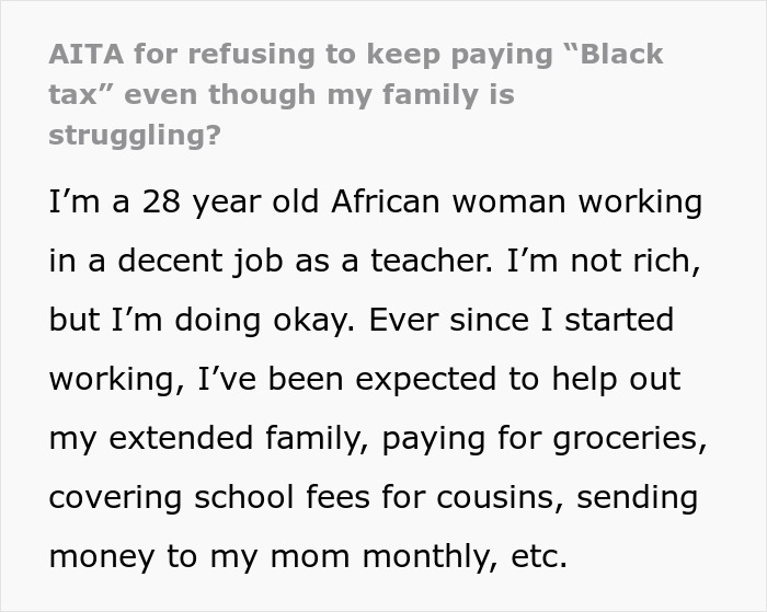 Text excerpt from an online post by a teacher explaining her struggle paying family bills and facing criticism. Text excerpt from an online post by a teacher explaining her struggle paying family bills and facing criticism.