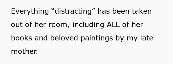 Text on a white background reads about removing distracting items, including books and paintings, relating to woman debates calling CPS. Text on a white background reads about removing distracting items, including books and paintings, relating to woman debates calling CPS.