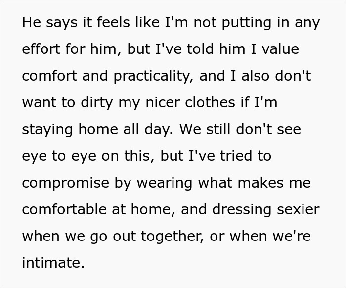 Text discussing a guy waking up his girlfriend to yell about her not wearing sexy clothes and their differing views on comfort and effort. Text discussing a guy waking up his girlfriend to yell about her not wearing sexy clothes and their differing views on comfort and effort.