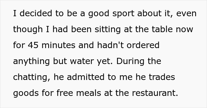 Text excerpt describing a woman’s first date where the guy trades goods for free meals at the restaurant.