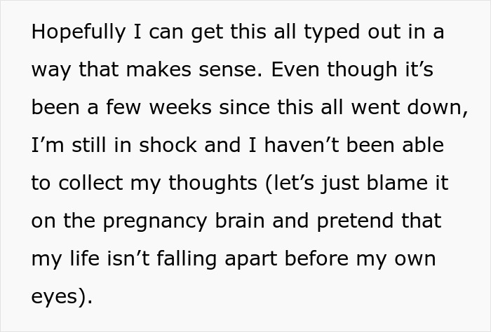 Text excerpt about pregnancy brain and shock after discovering baby gender manipulation leading to divorce filing by husband. Text excerpt about pregnancy brain and shock after discovering baby gender manipulation leading to divorce filing by husband.