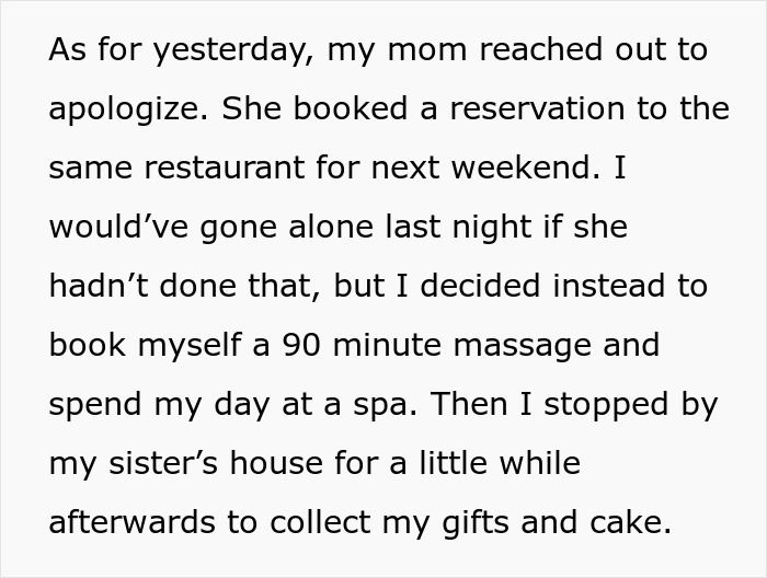 Text excerpt describing a birthday dinner sabotage by sister, including a spa day and collecting gifts afterward. Text excerpt describing a birthday dinner sabotage by sister, including a spa day and collecting gifts afterward.