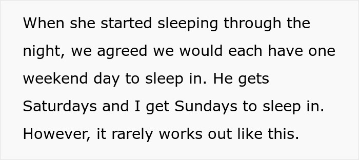 Text about husband enjoying lazy mornings while wife sacrifices sleep, highlighting one-sided Sunday deal and sleep routine challenges. Text about husband enjoying lazy mornings while wife sacrifices sleep, highlighting one-sided Sunday deal and sleep routine challenges.