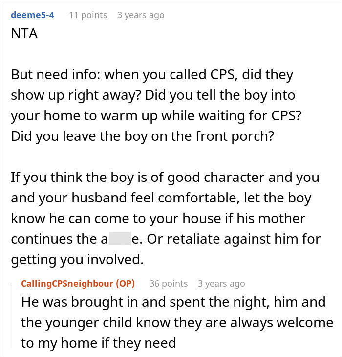 Screenshot of a discussion about CPS involvement after a mom throws her kid out on a cold Christmas night.