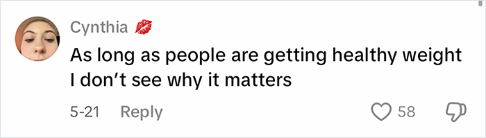 Comment from Cynthia supporting healthy weight loss after using Ozempic, with mixed opinions from online users. Comment from Cynthia supporting healthy weight loss after using Ozempic, with mixed opinions from online users.