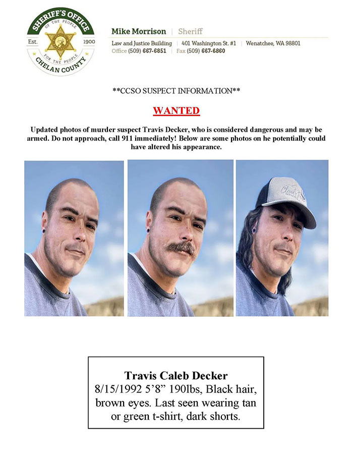 Wanted poster for suspect Travis Decker with multiple photos issued by Chelan County Sheriff’s Office.