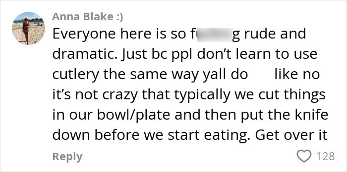 Social media comment defending Americans’ cutlery use amid Europeans’ criticism of primitive eating habits. Social media comment defending Americans’ cutlery use amid Europeans’ criticism of primitive eating habits.