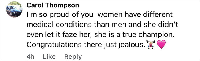 Facebook comment praising a woman powerlifter overcoming a medical condition during a viral powerlifting competition. Facebook comment praising a woman powerlifter overcoming a medical condition during a viral powerlifting competition.