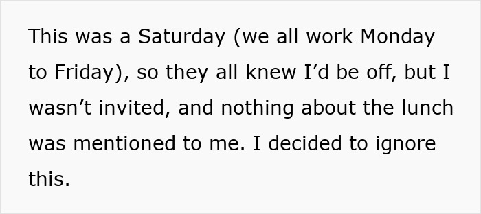 Text excerpt describing a friend group lunch where one is excluded, highlighting friendship tensions and emotional detachment. Text excerpt describing a friend group lunch where one is excluded, highlighting friendship tensions and emotional detachment.