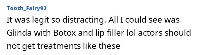 User comment criticizing Glinda's appearance with Botox and lip filler, linked to Ariana Grande's entirely visible ribcage ghoulish look. User comment criticizing Glinda's appearance with Botox and lip filler, linked to Ariana Grande's entirely visible ribcage ghoulish look.