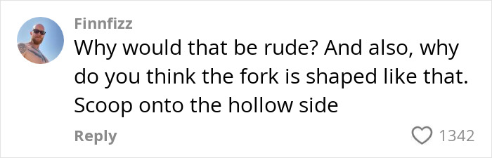 Commenter Finnfizz questioning the perceived rudeness and design of cutlery in a social media discussion. Commenter Finnfizz questioning the perceived rudeness and design of cutlery in a social media discussion.