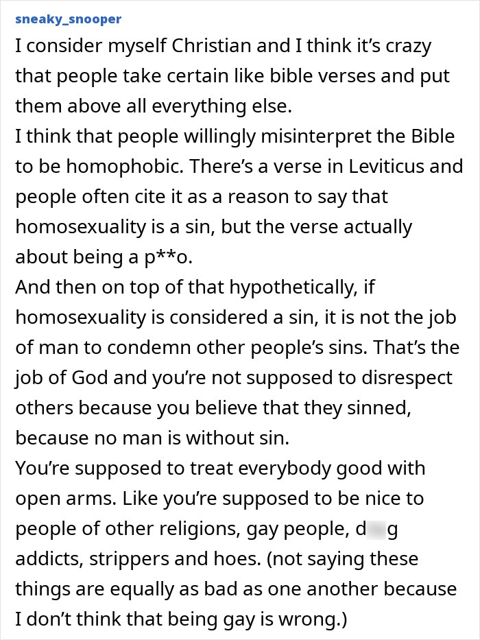 Text post discussing Christian views on the Bible, homosexuality, and acceptance, praised for a strong clapback against homophobia. Text post discussing Christian views on the Bible, homosexuality, and acceptance, praised for a strong clapback against homophobia.