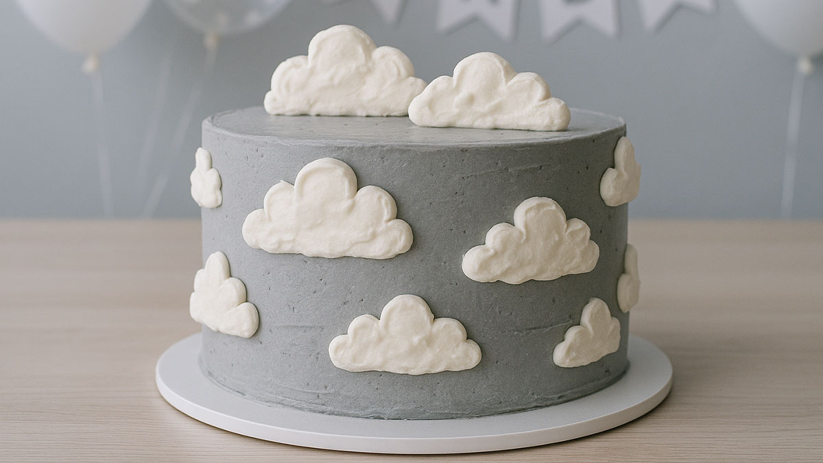 Gray cake decorated with white clouds on table, seen at a gender reveal party setting.