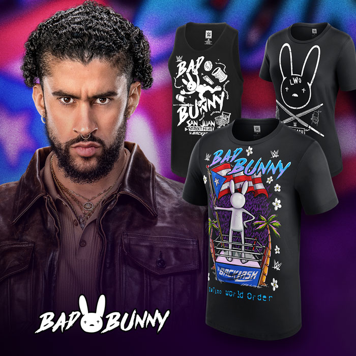 Bad Bunny posing with WWE-themed clothing featuring his logo and Puerto Rican flag designs promoting his brand and net worth.