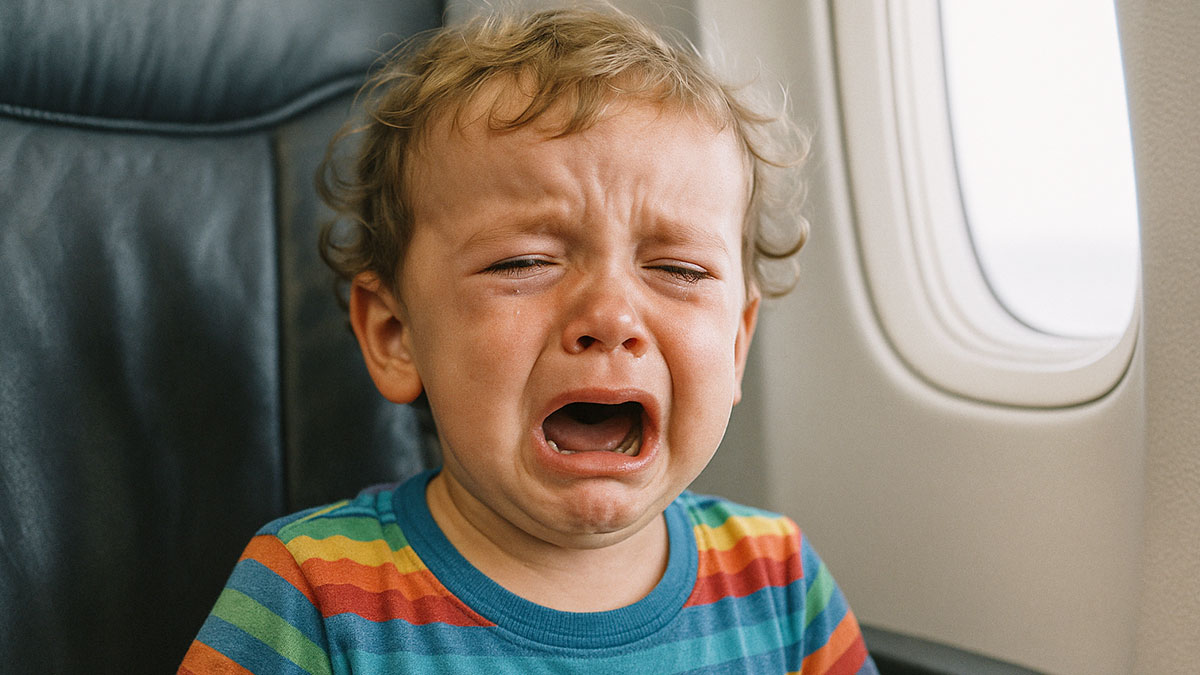 Crying toddler on airplane in a mid-flight meltdown sparking parenting versus passenger debate among travelers.