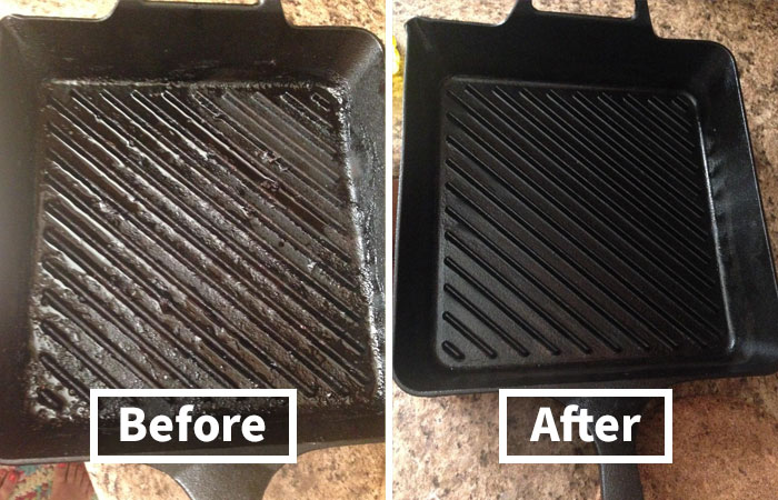 Cast iron grill pan showing before and after cleaning, illustrating best-selling kitchen items maintenance and care.