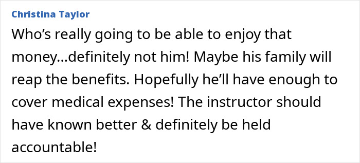 Comment by Christina Taylor expressing concern over paralyzed Jiu-Jitsu student’s $56M settlement after instructor’s negligence in sparring accident Comment by Christina Taylor expressing concern over paralyzed Jiu-Jitsu student’s $56M settlement after instructor’s negligence in sparring accident