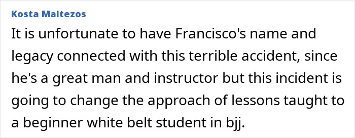 Text excerpt about impact of beginner student’s injury in jiu-jitsu sparring, highlighting tragic freak accident involving trainer. Text excerpt about impact of beginner student’s injury in jiu-jitsu sparring, highlighting tragic freak accident involving trainer.