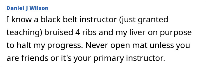 Daniel J Wilson describes injury caused by black belt instructor during Jiu-Jitsu sparring including bruised ribs and liver. Daniel J Wilson describes injury caused by black belt instructor during Jiu-Jitsu sparring including bruised ribs and liver.