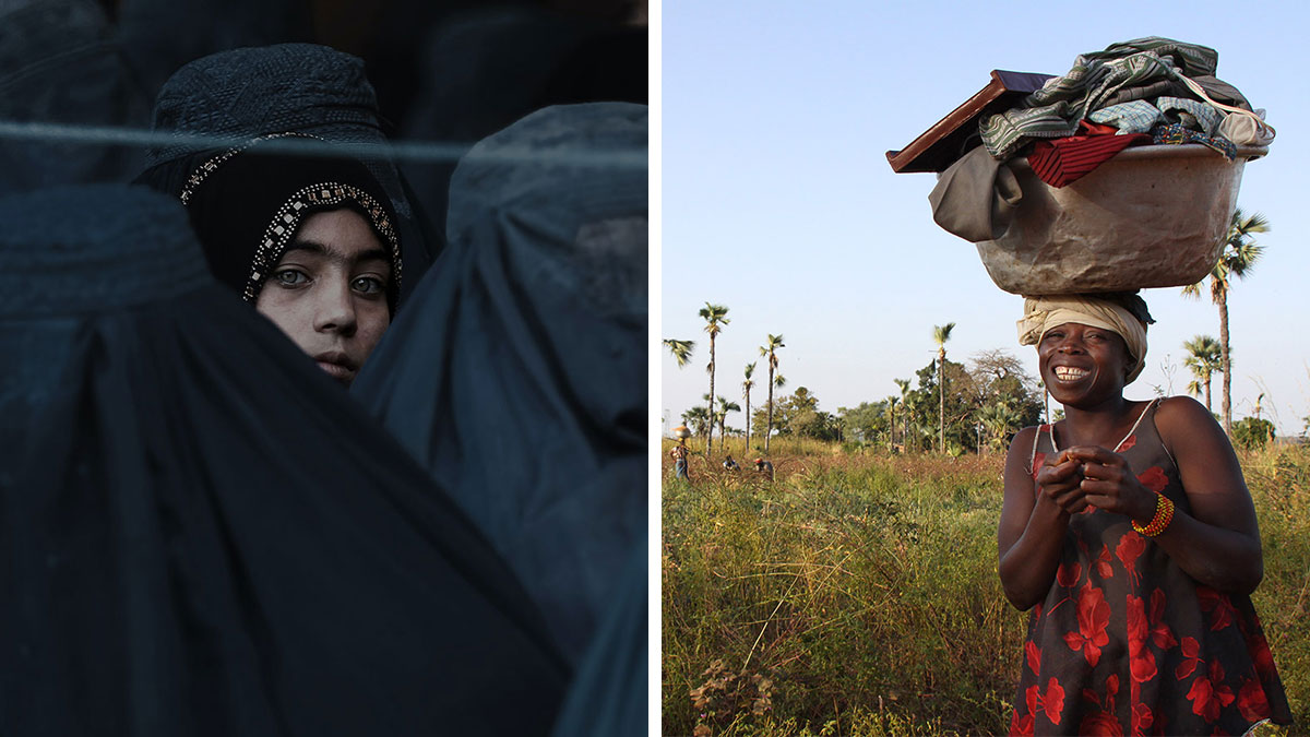 Left side portrait of a woman in dark clothing among a crowd and right side smiling woman carrying basket on her head in nature travel photos