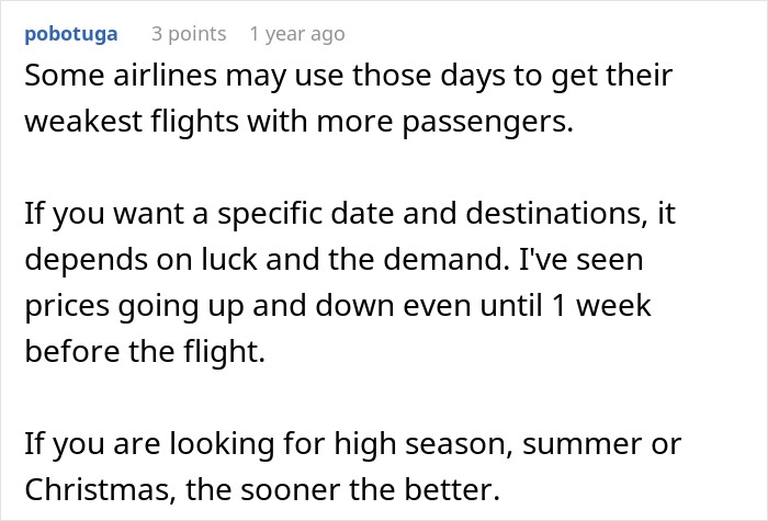 User comment explaining how airline prices fluctuate and the best time to buy a plane ticket for cheapest airfare based on demand and season.