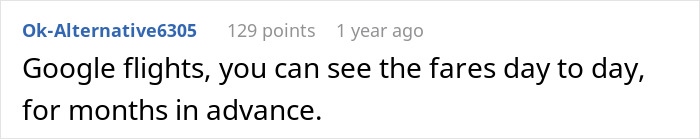 Screenshot of a comment discussing how to find the cheapest airfare by tracking Google Flights fares day to day.