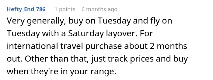 Reddit comment with travel advice recommending the best time to buy a plane ticket for cheapest airfare and tracking prices.