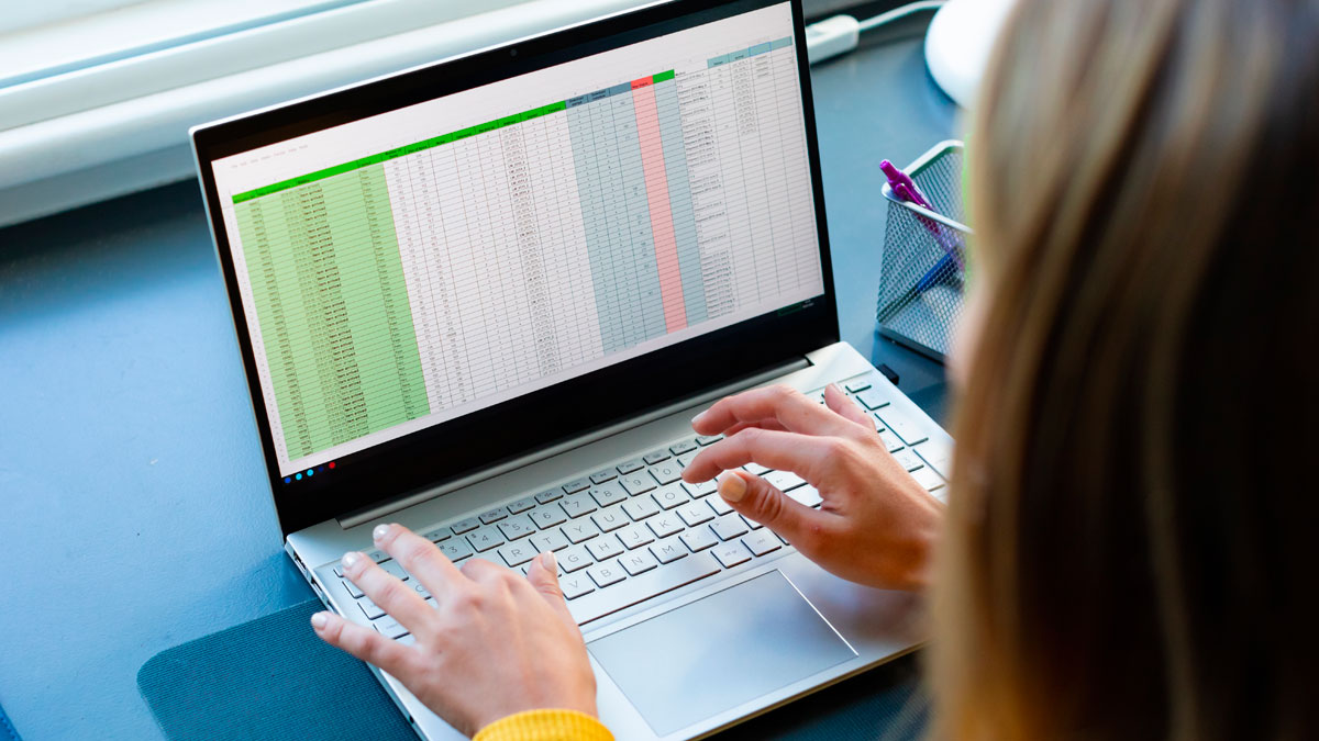 Person working on laptop with an Excel document open, highlighting frustration over reading an Excel document.