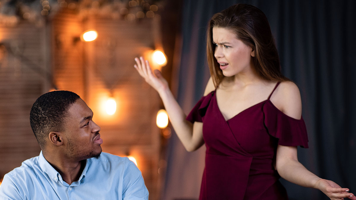 Woman refuses to leave party she planned, arguing with boyfriend and his friends demanding privacy indoors.