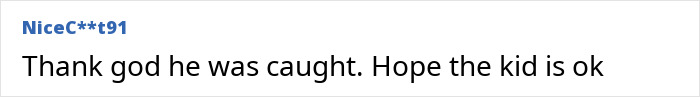 Comment reading "Thank god he was caught. Hope the kid is ok" from user NiceC**t91 discussing man arrested for disturbing crime. Comment reading "Thank god he was caught. Hope the kid is ok" from user NiceC**t91 discussing man arrested for disturbing crime.