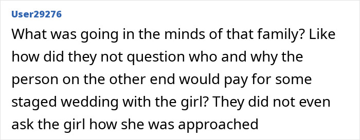 Comment from User29276 questioning the family's awareness about staged wedding involving man with disturbing criminal record. Comment from User29276 questioning the family's awareness about staged wedding involving man with disturbing criminal record.