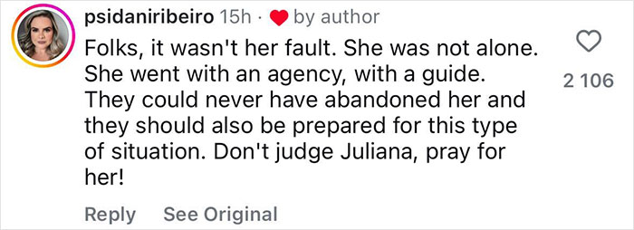 Comment by user defending female tourist abandoned by guide during Indonesian volcano hike, urging prayers and understanding.