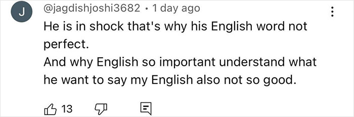 Comment on social media expressing sympathy for Air India crash survivor struggling with English due to shock. Comment on social media expressing sympathy for Air India crash survivor struggling with English due to shock.