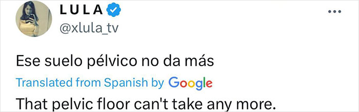 Tweet by Lula with a comment about pelvic floor issues related to a viral video of woman urinating while powerlifting in competition. Tweet by Lula with a comment about pelvic floor issues related to a viral video of woman urinating while powerlifting in competition.