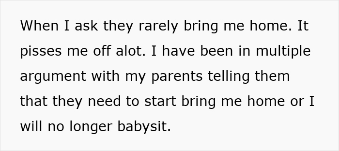 Text showing a teen girl&rsquo;s struggle babysit step siblings, expressing frustration about not being brought home.