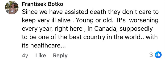 Comment by Frantisek Botko discussing assisted death and healthcare concerns in Canada, related to a man trapped in hospital exposing staff. Comment by Frantisek Botko discussing assisted death and healthcare concerns in Canada, related to a man trapped in hospital exposing staff.