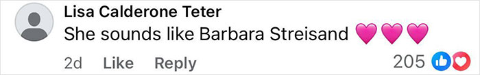 Comment by Lisa Calderone Teter saying she sounds like Barbara Streisand with three pink heart emojis, discussing Nicole Scherzinger transformation and Ozempic side effect. Comment by Lisa Calderone Teter saying she sounds like Barbara Streisand with three pink heart emojis, discussing Nicole Scherzinger transformation and Ozempic side effect.